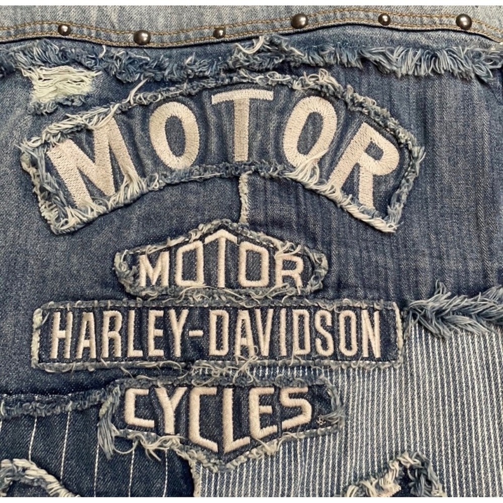 Harley-Davidson Distressed Patchwork Denim Vest Studded Biker Moto Blue Cotton M - Picture 7 of 12